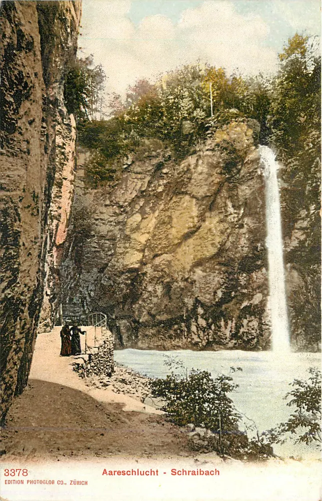 Aareschlucht - Schraibach — wodospad w dolinie — Wydawnictwo PHOTOGLOR CO., ZÜRICH, n° 3378 - Awers