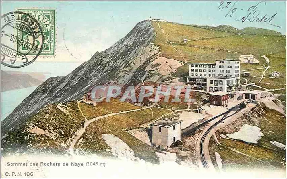 Sommet des Rochers de Naye (2045 m) — vue du sommet avec bâtiment et voie ferrée — C.P.N. 186 - Recto