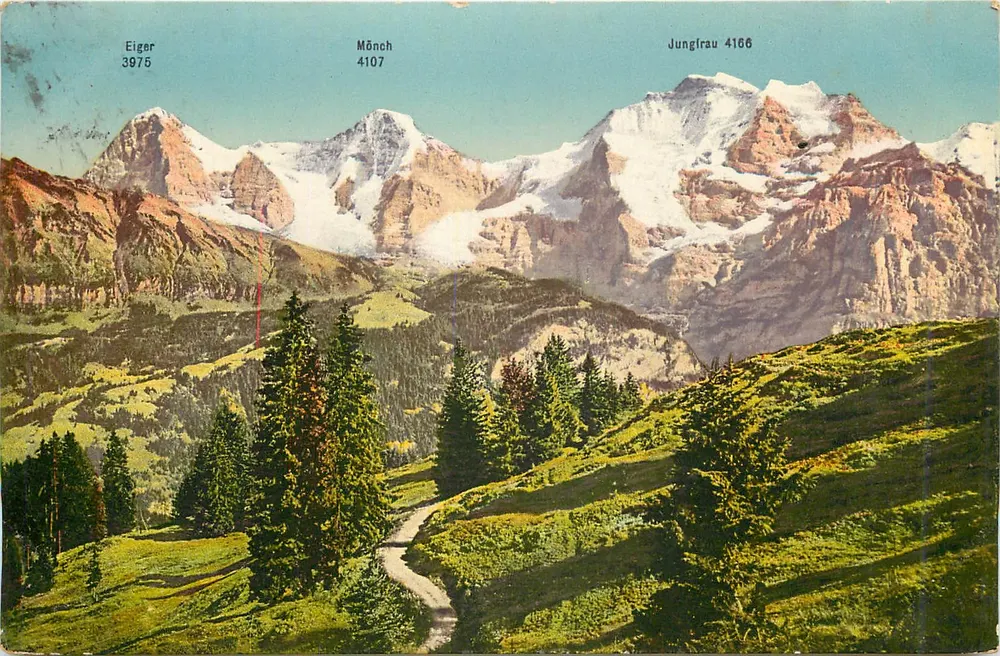 Vista das montanhas Eiger, Mönch e Jungfrau — Suíça — editor desconhecido, n° de série 1023 - Frente