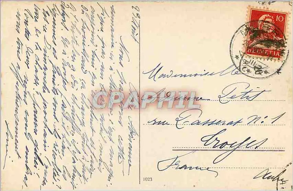 Vista das montanhas Eiger, Mönch e Jungfrau — Suíça — editor desconhecido, n° de série 1023 - Verso