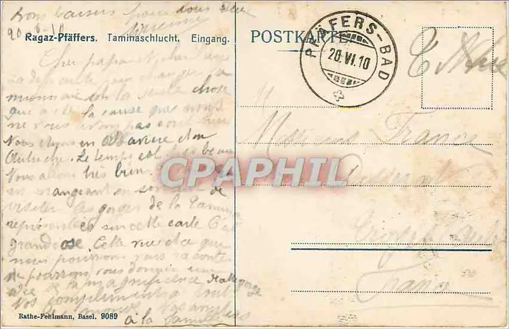 Ragaz-Pfäffers — Schlucht da Tamina — editor Rathe-Pehlmann, Basel, n° 9069 - Verso