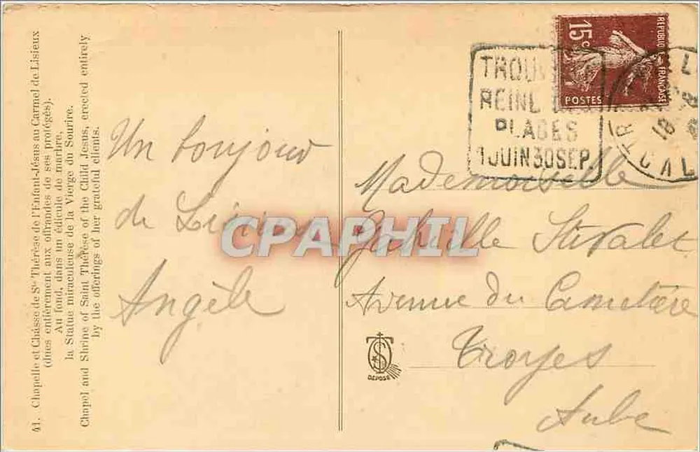Capela e Relicário de Santa Térêsa dos Crianças no Carmelo de Lisieux — n° 41 - Verso
