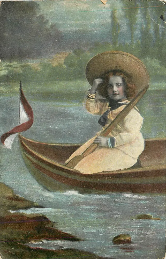 Menina em barco — cena de rio — série 1198, editada por R.V.I.B.12 - Frente
