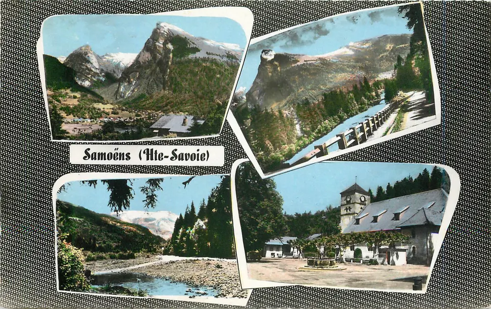Samoëns (Hte-Savoie) — vista panorâmica com montanhas nevadas, ponte, riacho e igreja — editor COMBIBIER, n° L 2 - Frente