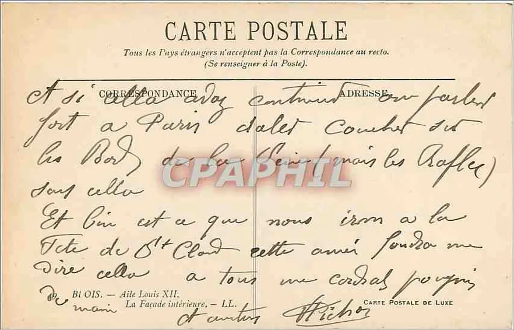 Cour intérieure du château de Saint-Cloud — Façade intérieure — Carte postale de luxe - Verso