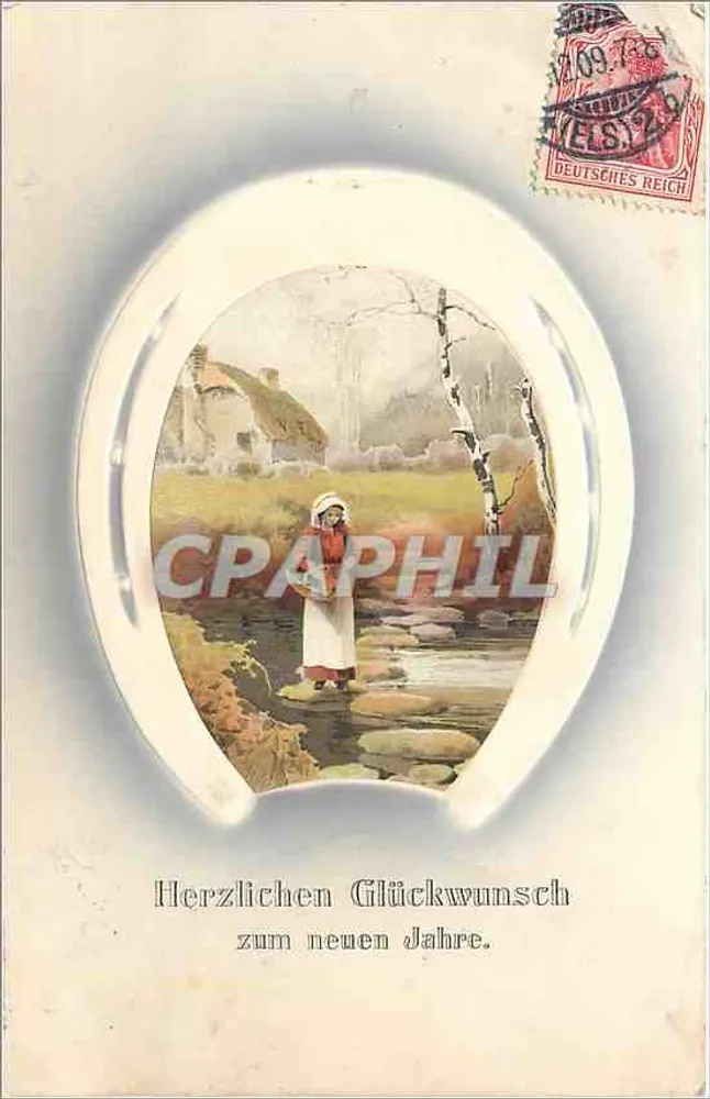 Frau in weißem Kleid nahe einem Bach — Neujahrsgrußkarte — Verlag Melander & Buch Leipzig, Serie 1568 - Vorderseite