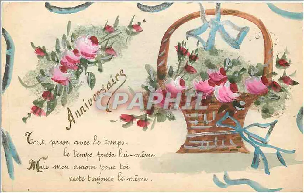 Bouquet de roses dans un panier — Anniversaire — Carte postale - Frente