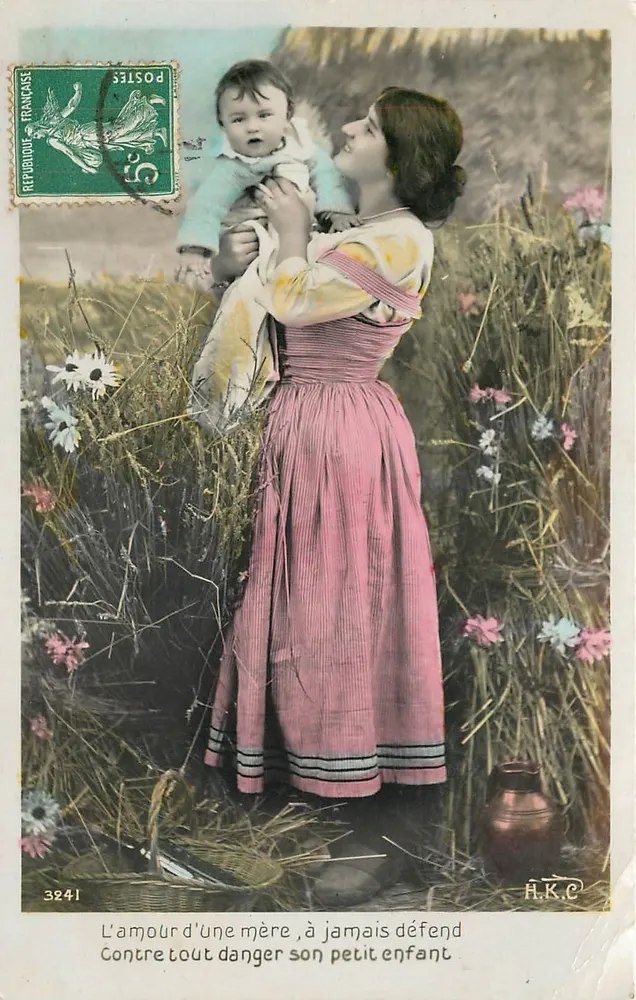 Mãe e filho em um campo florido — H.K.C. — n°3241 - Frente