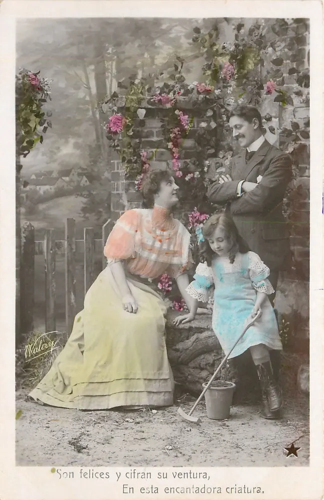 Famille heureuse — scène de jardin — éditeur Malcora, série non visible - Recto
