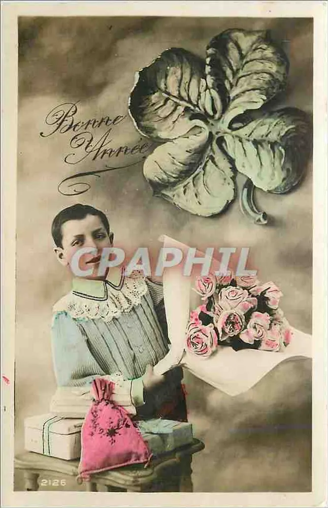 Criança com buquê de rosas — Boa Ano — editor anônimo, n° 2126 - Frente