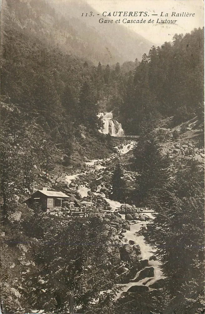 Cauterets — La Raillère, Gave et Cascade de Lutour — Édition photo Ombault, n°113 - Recto