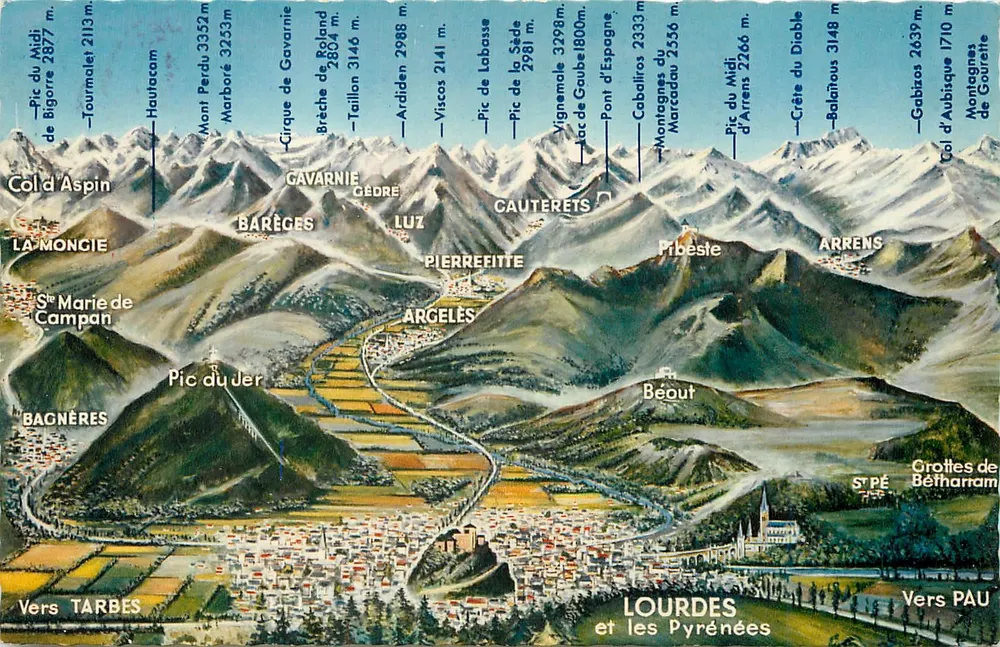 Lourdes e os Pirineus — vista panorâmica das montanhas — Ed. P. Doucet, n°300 - Frente