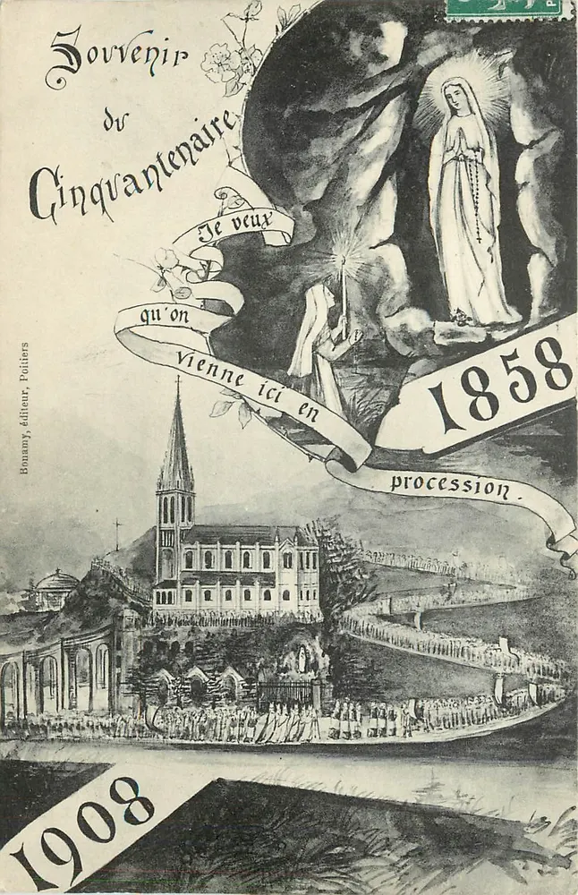 Lourdes — Lembrança do Cinquentenário da Virgem de 1858 — Bonamy, editor, Poitiers - Frente