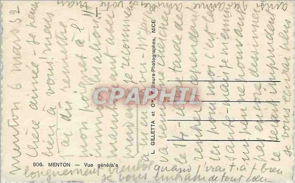 Menton — Vista geral — L. Gilletta, NICE - Verso