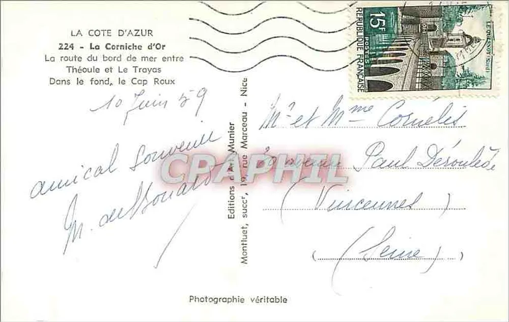 La Corniche d'Or — Route du bord de mer entre Théoule et Le Trayas — Éditions d'Art Munier - Verso
