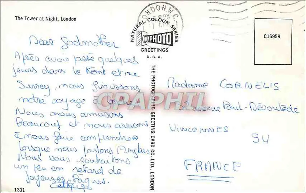 A Torre de Londres à noite — série Natural Colour — editor The Photographic Greeting Card Co. Ltd., Londres - Verso
