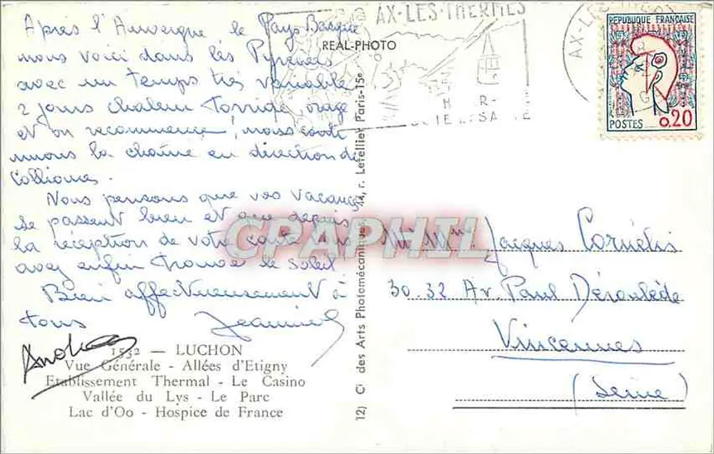 Luchon — Vue Générale - Allées d'Etigny - Le Casino - Lac d'Oo - Hospice de France — C. des Arts Photémécanique - Verso