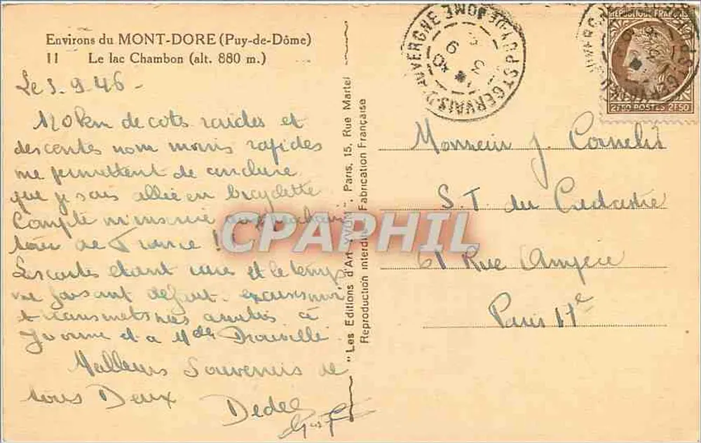 Lac Chambon — Environ du Mont-Dore (Puy-de-Dôme) — Les Éditions d'Art Martel - Verso