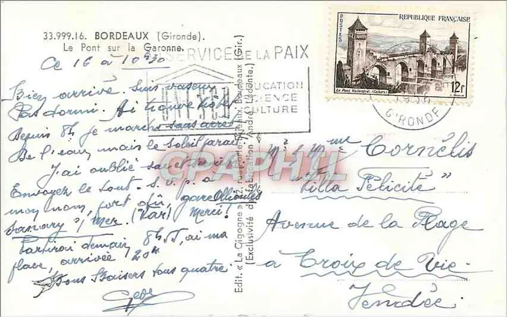 Pont sur la Garonne — Bordeaux — Édit. La Cigogne - Verso