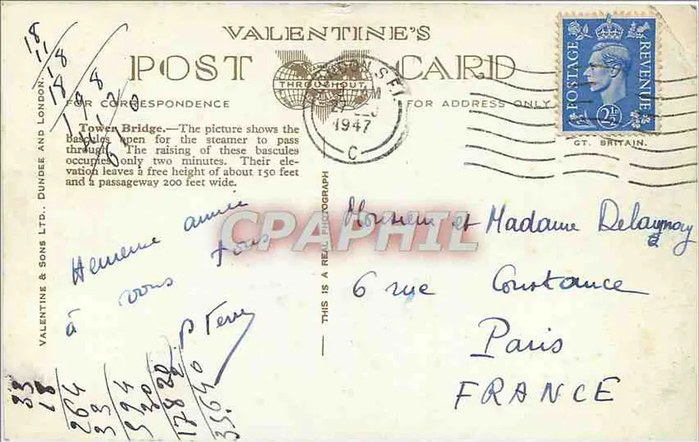 Ponte Tower, Londres — vista com aberturas levantadas — Valentine's Post Card, n°43871 JV - Verso