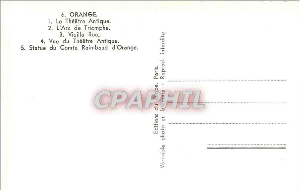 Orange — Sítios antigos e estátua do Conde Raimbaud — Éditions photo au Bromure, Paris - Verso