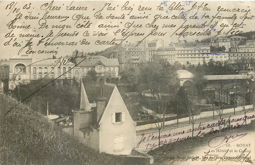 Royat — Les Hôtels et le Casino — éditeur L. Brühier, Paris - Recto