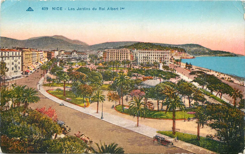 NICE - Jardins do Rei Albert Ier — Bilhete postal antigo n°409, editor ARB - Frente