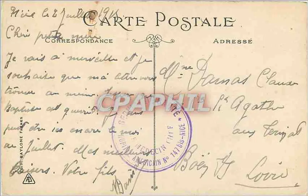 Nice - Quai du Midi - Baie des Anges — Editor Baylone Frères, n° 105 - Verso