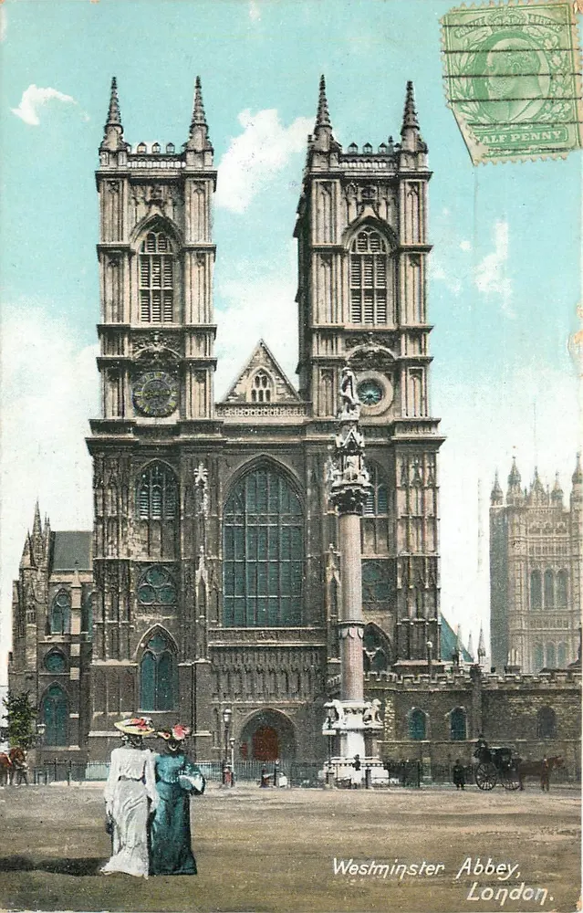 Abadia Westminstera w Londynie — widok wież i portalu — wydawca: 'Penny Postcard' nr 1001/14 - Awers