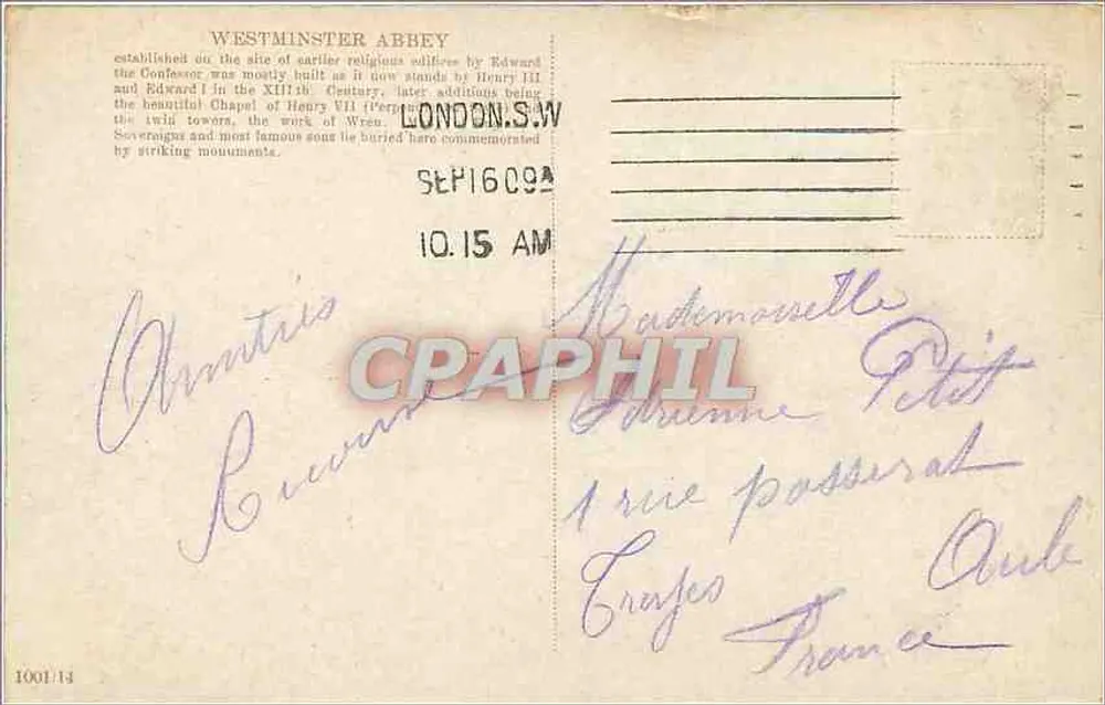 Abadia Westminstera w Londynie — widok wież i portalu — wydawca: 'Penny Postcard' nr 1001/14 - Rewers