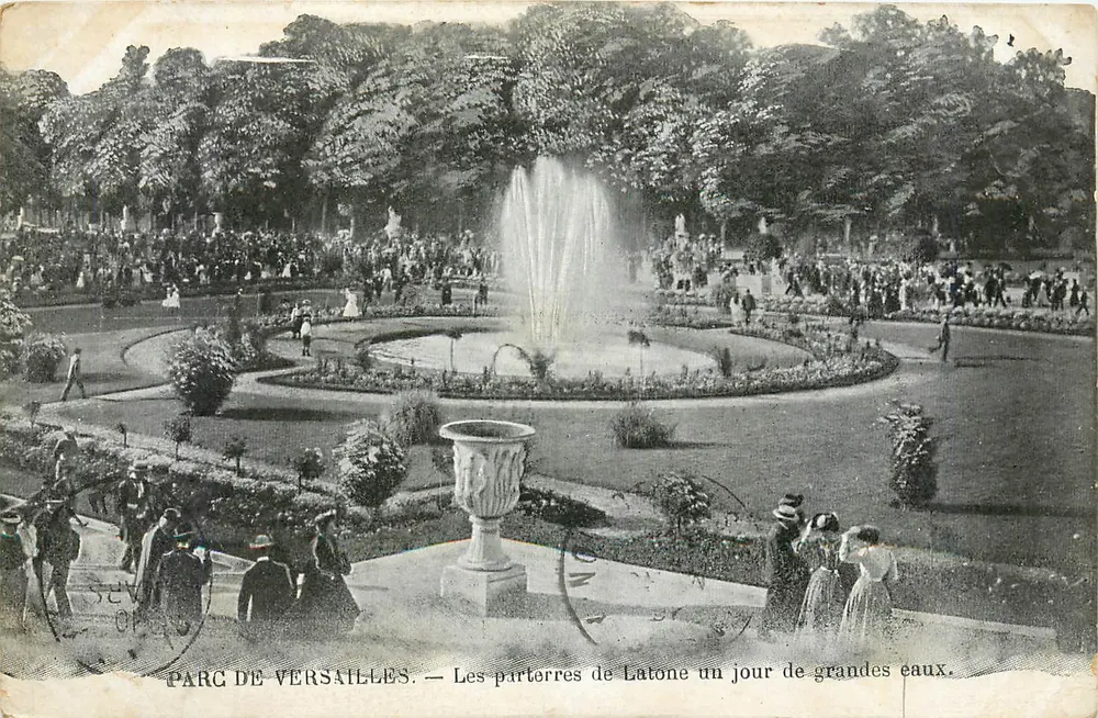 Park von Versailles — Die Parterres von Latone an einem Tag großer Wasser — Imp. Nouv. Phot., 75, rue Fondary, Paris - Vorderseite
