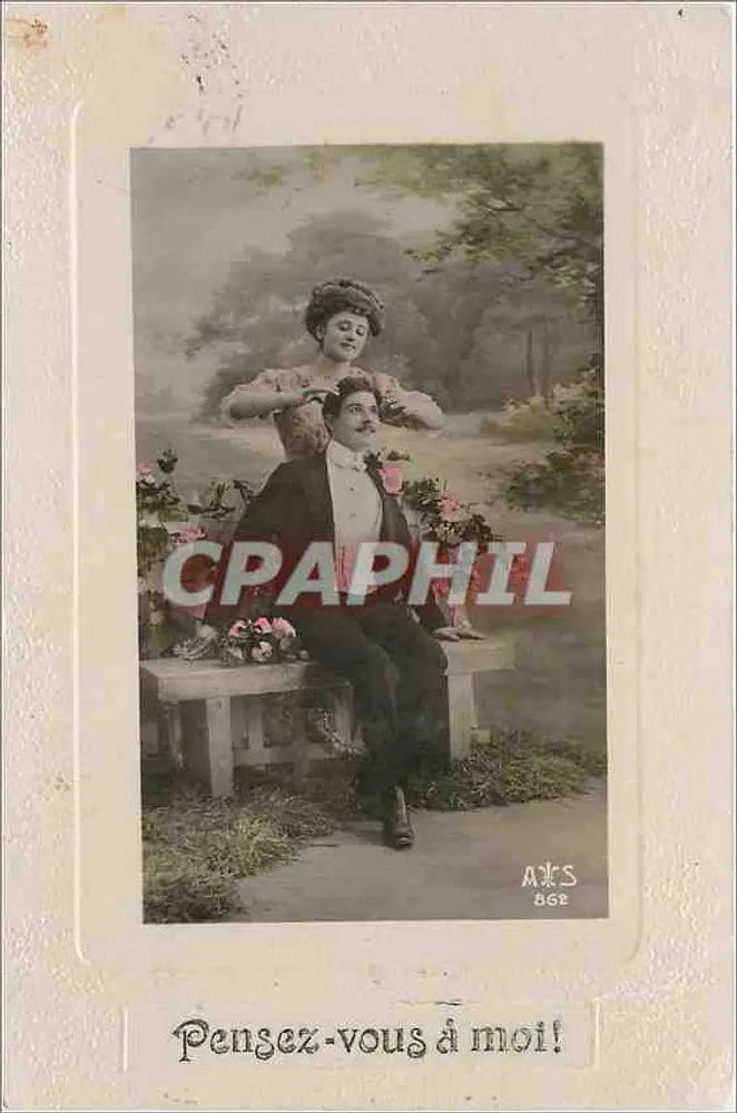 Jovem mulher penteadora de um homem sentado — cena de jardim — editor A.K.S. n° 862 - Frente