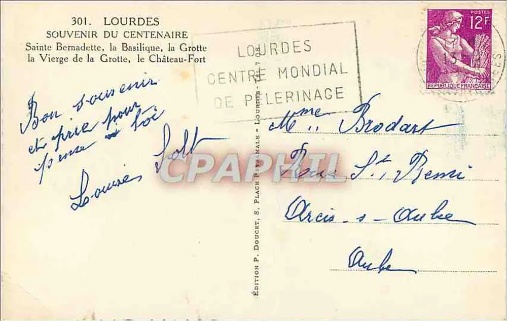 Lourdes — Souvenir du centenaire des apparitions 1858-1958 — Édition P. Doucet - Verso