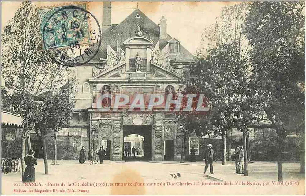 NANCY - Porte de la Citadelle (1598), surmontée d'une statue du Duc Charles III, fondateur de la Ville Neuve, par Viard (1863) - Maison des Magasins Biennia, édit. Naney - Recto