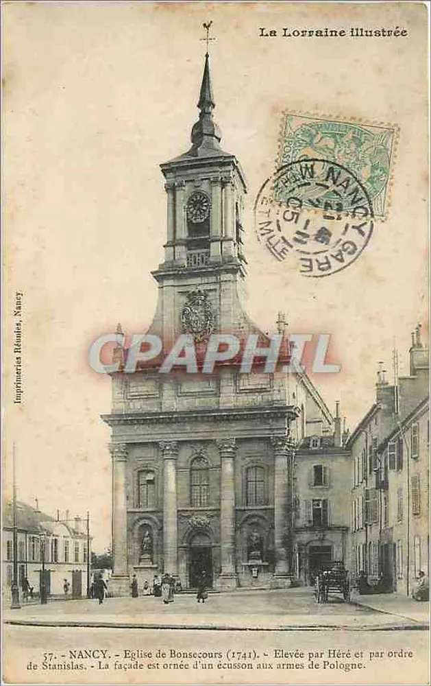Nancy - Kirche von Bonsecours — geschmückte Fassade mit einem Wappenbord mit den Wappen der Polen — Imprimeries Réunies, Nancy, Nr. 57 - Vorderseite