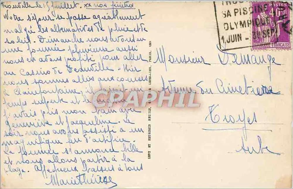 Trouville — A Praia e os Hotéis — Editor Bilhete postal antigo 790 - Verso