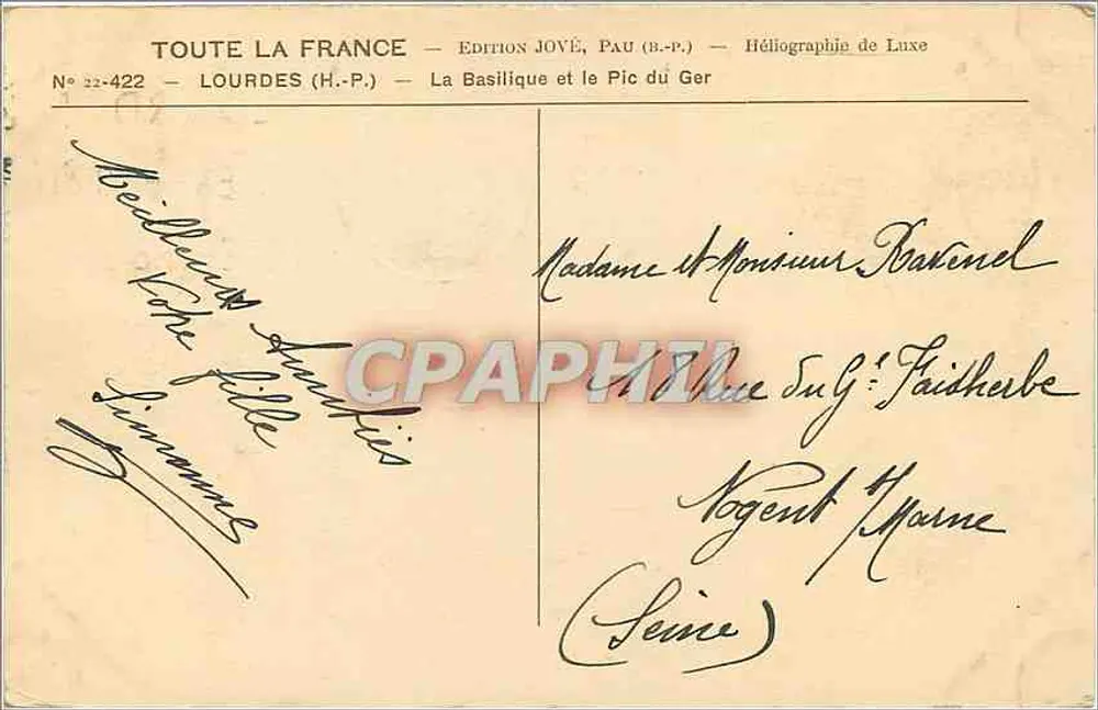 Lourdes — La Basilique et le Pic du Ger — Édition JOVÈ, Pau (B.-P.) - Verso