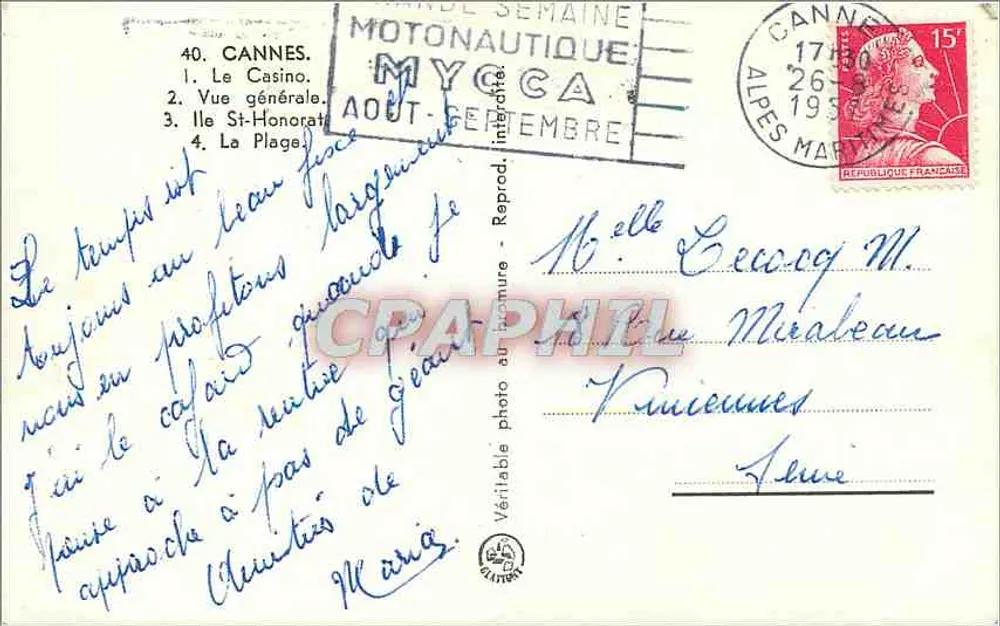 Cannes — Allgemeiner Blick, Das Casino, Île Saint-Honorat, Der Strand — Edition Mycoca - Rückseite