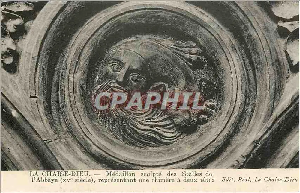 La Chaise-Dieu — Geschnitztes Medaillon der Abtei-Bänke (15. Jahrhundert) darstellend eine Chimäre mit zwei Köpfen — Edit. Béal, La Chaise-Dieu - Vorderseite
