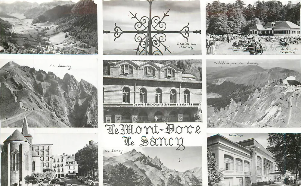Mont-Dore — Le Sancy — Vista panorâmica, Cruz do Sancy, Teleférico, Casino, Igreja — Editor: Henriell, Mont-Dore - Frente
