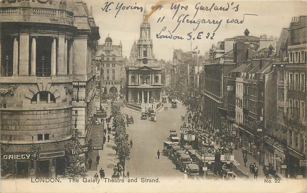 London. Ansicht des Gaiety-Theaters und der Strand — Verlag nicht erkennbar, Nr. 22 - Vorderseite