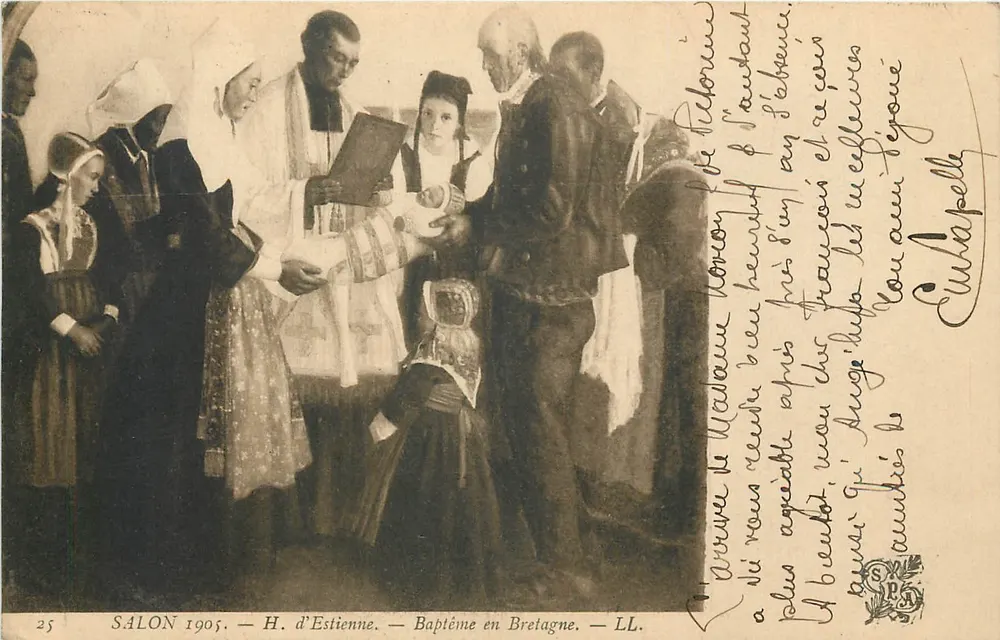 Baptême en Bretagne — Salon 1905 — H. d'Estienne — LL. - Recto