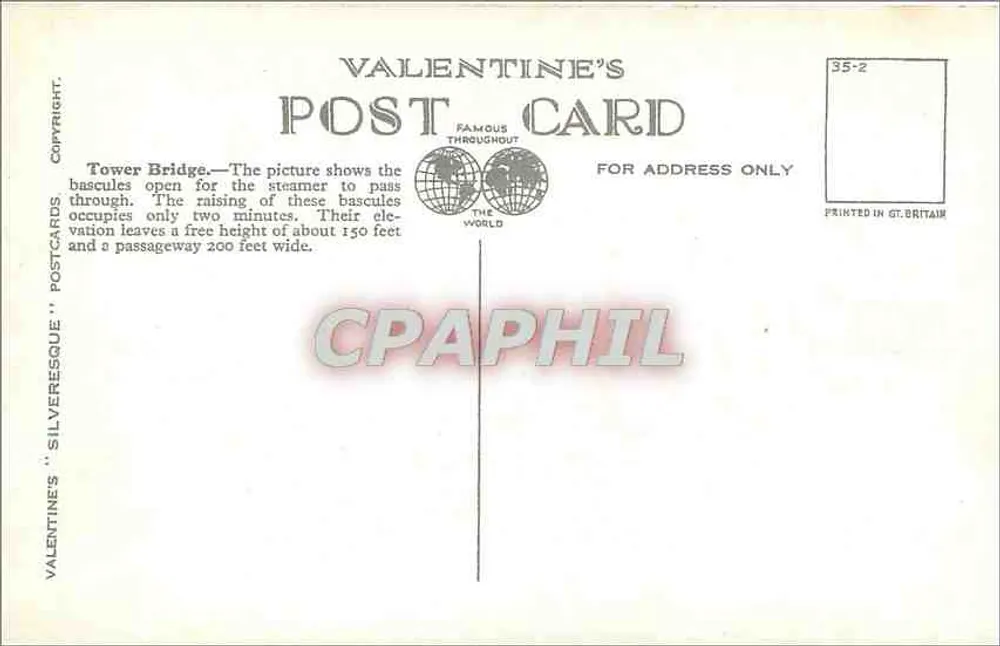 Ponte Tower, Londres — vista com pontas levantadas — Valentine's Postcards n°43871 - Verso