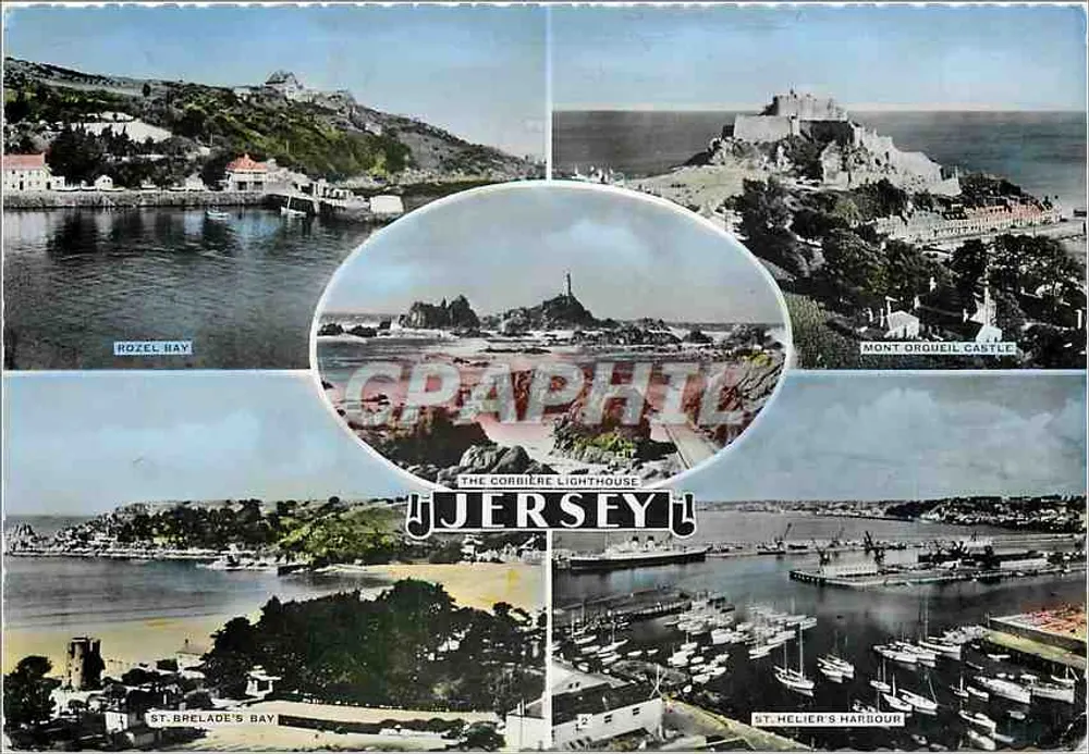 Jersey — Rozel Bay, Mont Orgueil Castle, St. Brelade's Bay, The Corbière Lighthouse, St. Helier's Harbour — Verlag B.B. London - Vorderseite