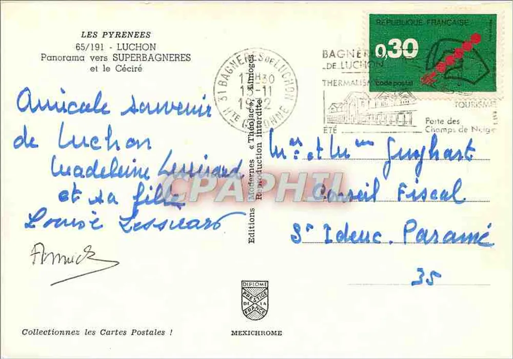 Panorama hacia Superbagnères — Los Pirineos — Ediciones & Théâlacs, número 65/191 - Luchon - Reverso