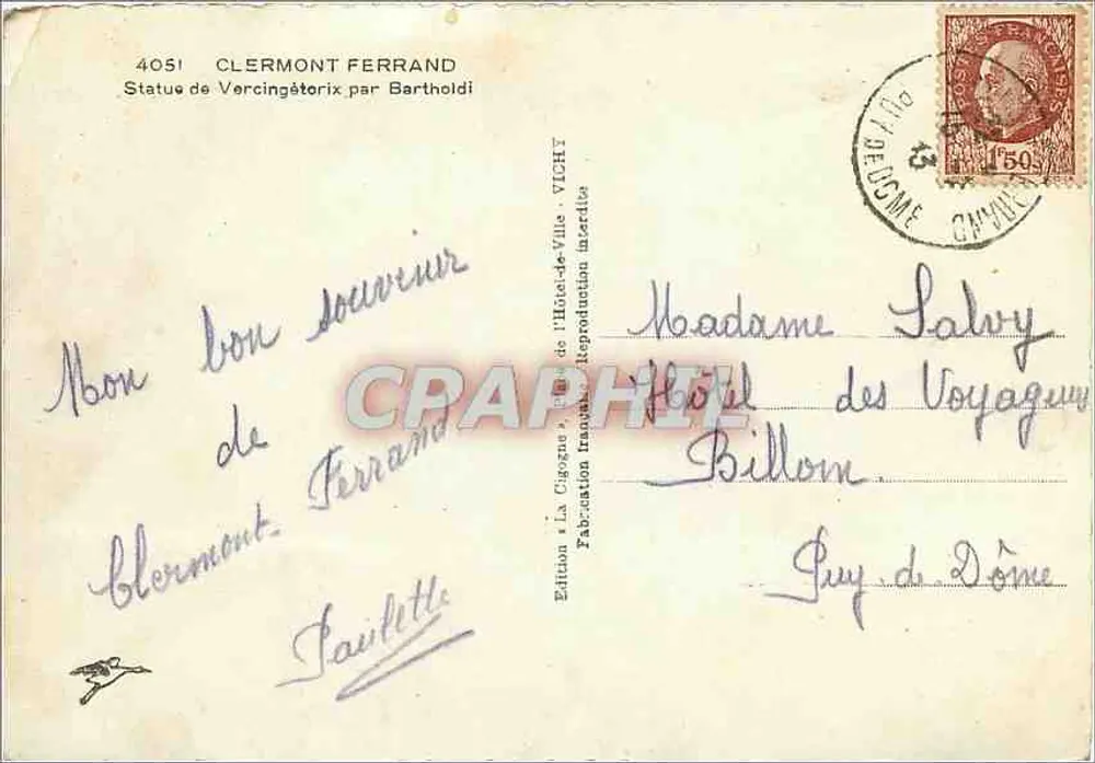 Estatua de Vercingétorix em Clermont-Ferrand — edição La Cigogne, n° 4051 - Verso