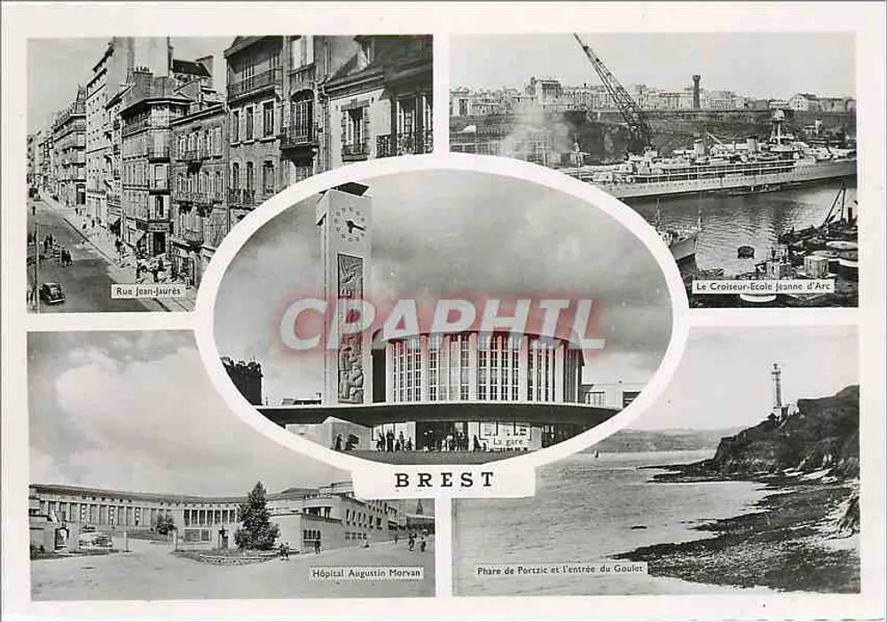 Brest — Panoramablick mit Rue Jean-Jaurès, Augustin Marvan-Krankenhaus, Leuchtturm Portzic und dem Schulschiff Jeanne d'Arc - Vorderseite