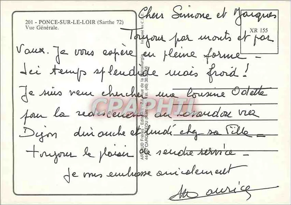 Ponce-sur-le-Loir — Vista Geral — Art LD Frères, editor, n° 201 - Verso