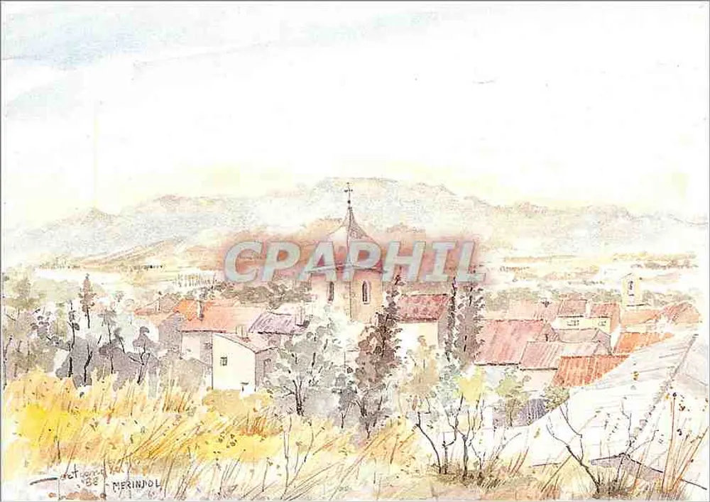 Merindol — uitzicht op het dorp met kerk — Aquarel van R. F. Bertrand - Voorkant