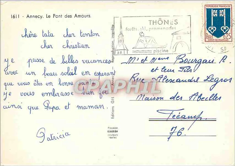 Annecy. O Pont dos Amores — vista do lago com embarcações e cisnes — Edições IKAKRO - Verso